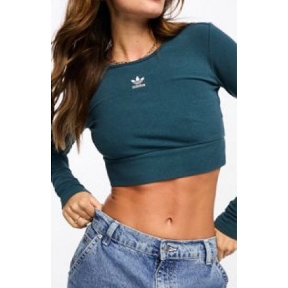 Adidas Ribbed Long Sleeve T-Shirt Teal Green Cropped Athleisure Sporty Casual - Picture 2 of 11